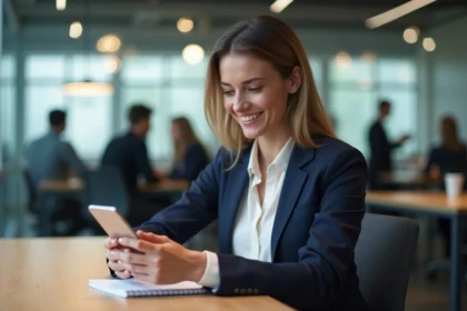 Femme professionnelle souriante dans un bureau moderne