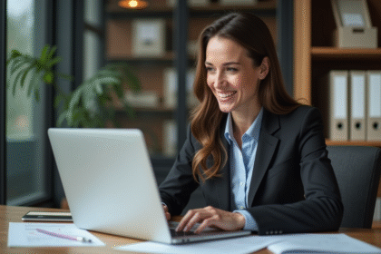 Femme d affaires regardant un code du travail sur son ordinateur