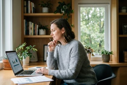Femme dans son bureau à domicile en train de lire des rapports