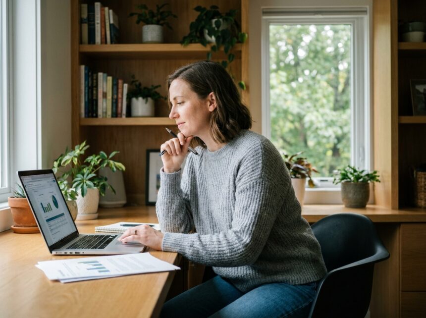 Femme dans son bureau à domicile en train de lire des rapports