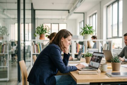 Femme concentrée travaillant sur son ordinateur dans un bureau moderne