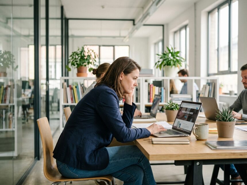 Femme concentrée travaillant sur son ordinateur dans un bureau moderne