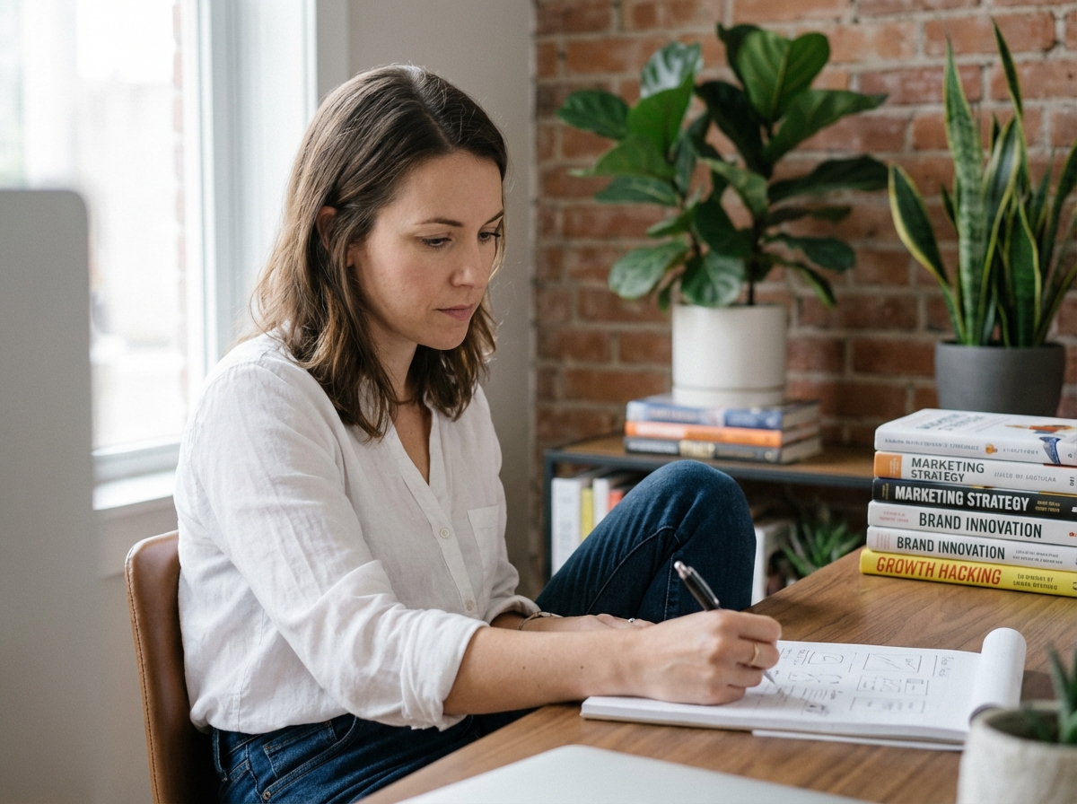 Femme en bureau moderne sketchant des idées en réfléchissant
