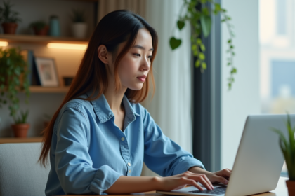 Jeune femme au bureau regardant son ordinateur portable