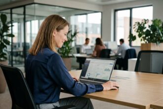Femme au bureau regardant un tableau de bord logiciel