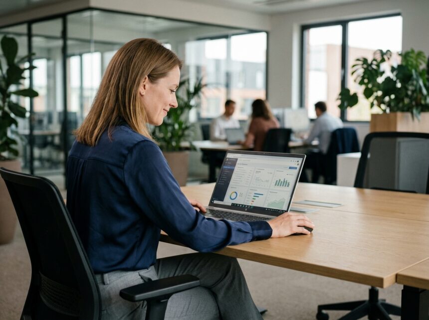 Femme au bureau regardant un tableau de bord logiciel