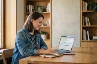 Jeune femme au bureau regardant son ordinateur portable