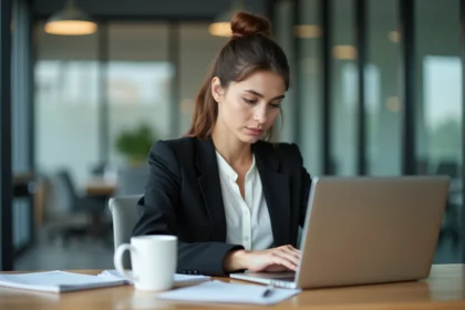 Jeune femme au bureau examinant une facture publicitaire