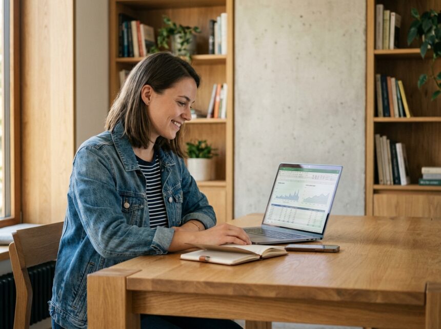 Jeune femme au bureau regardant son ordinateur portable