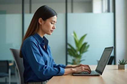 Femme concentrée utilisant un ordinateur dans un bureau moderne
