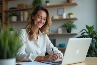 Femme au bureau avec ordinateur et fiche de temps