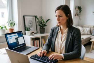 Femme en tenue professionnelle travaillant sur un ordinateur dans un bureau moderne