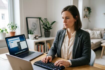 Femme en tenue professionnelle travaillant sur un ordinateur dans un bureau moderne