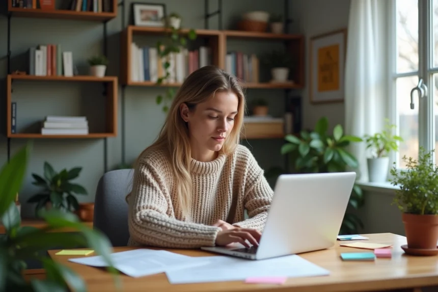 Femme concentrée dans son bureau à domicile avec notes et plan marketing