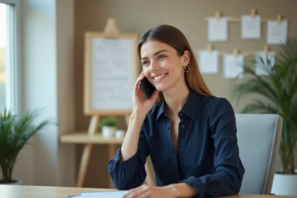 Femme professionnelle souriante au bureau moderne
