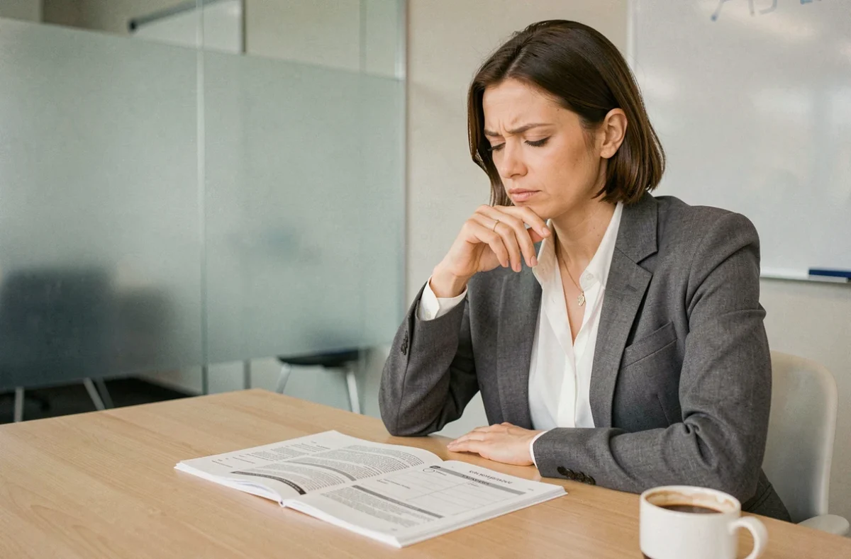 Femme cadre analysant seule un document de licenciement dans une salle de réunion d'entreprise, expression pensive et concentrée