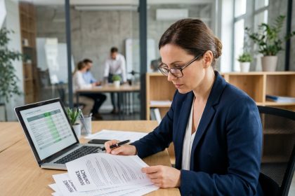 Femme cadre comparant des contrats multirisque professionnels sur son bureau en open space