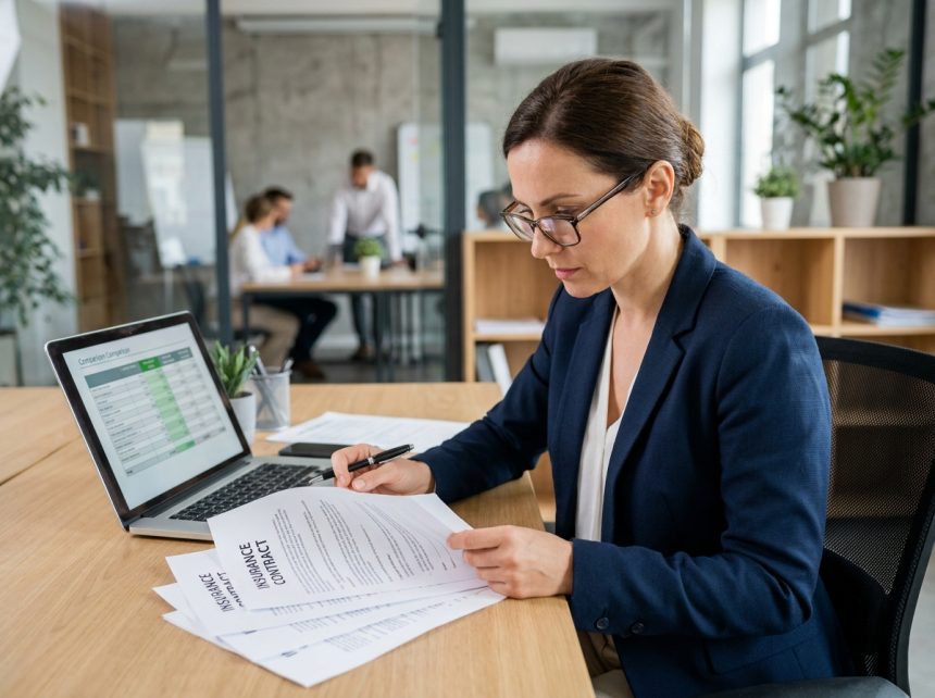 Femme cadre comparant des contrats multirisque professionnels sur son bureau en open space