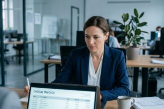 Femme cadre en blazer marine consultant une facture numérique sur un ordinateur portable dans un bureau moderne