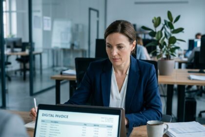 Femme cadre en blazer marine consultant une facture numérique sur un ordinateur portable dans un bureau moderne