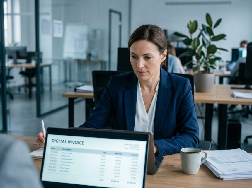 Femme cadre en blazer marine consultant une facture numérique sur un ordinateur portable dans un bureau moderne