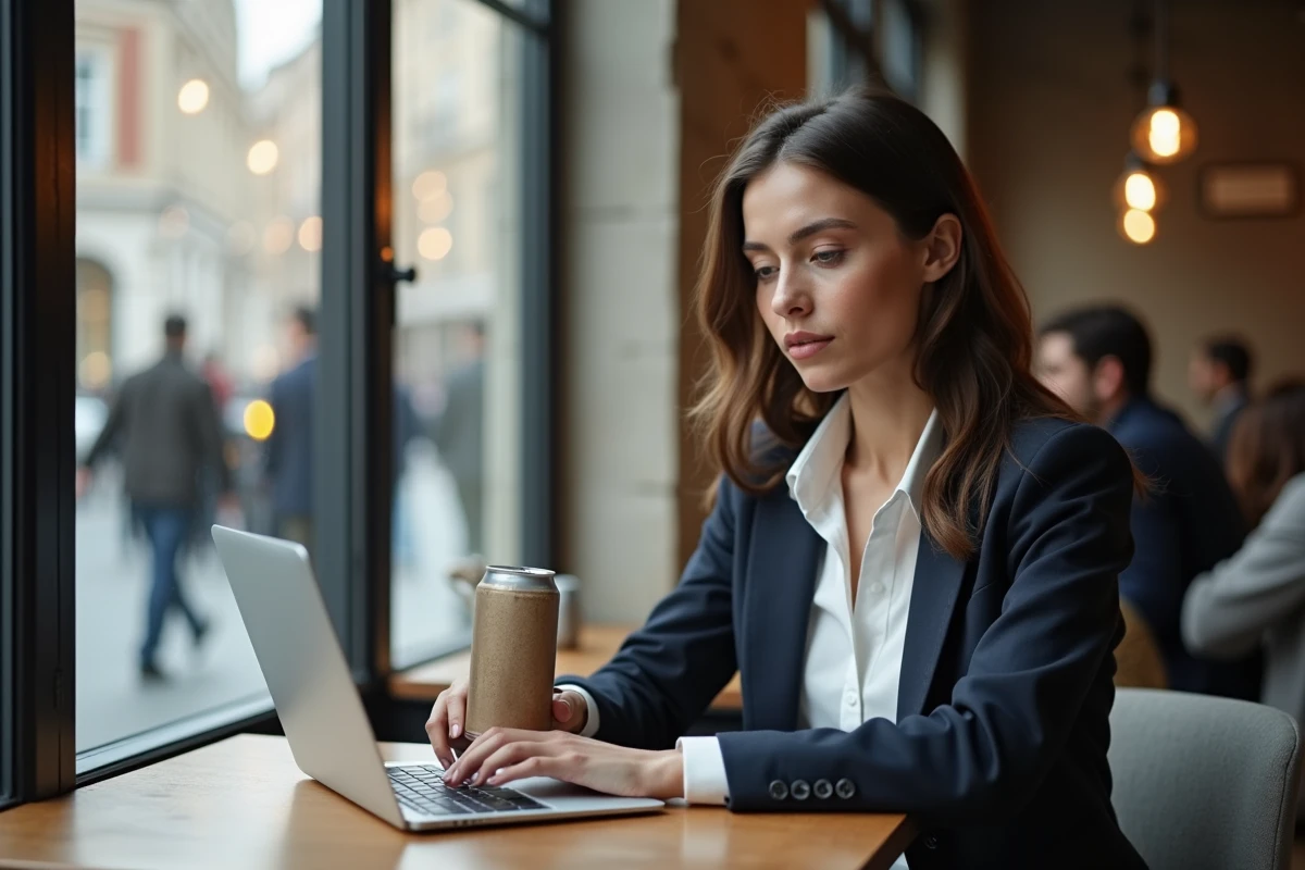 Jeune femme européenne au café moderne avec ordinateur portable