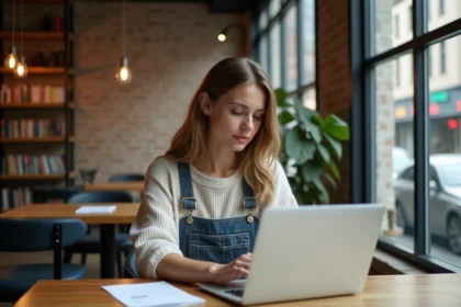 Femme assise dans un café moderne avec son ordinateur portable