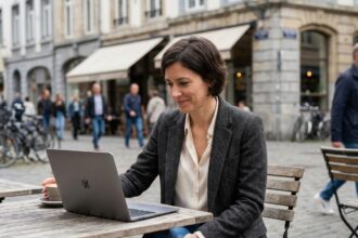 Femme travaillant au café avec ordinateur et ambiance urbaine