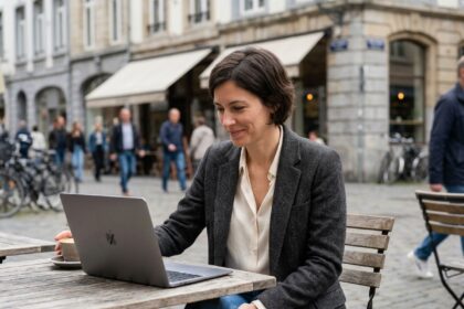 Femme travaillant au café avec ordinateur et ambiance urbaine