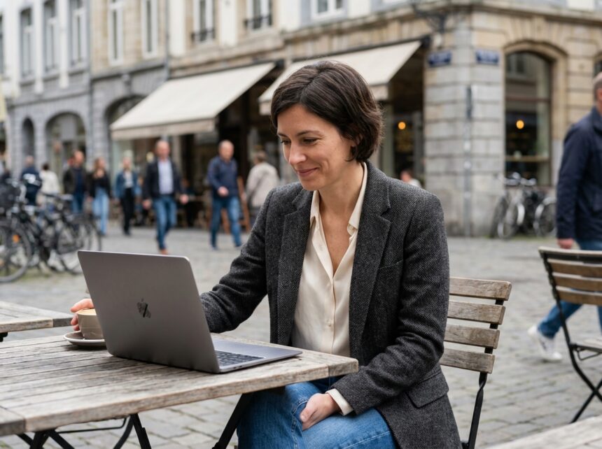 Femme travaillant au café avec ordinateur et ambiance urbaine
