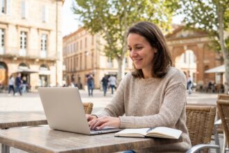 Jeune femme souriante au café de Montauban