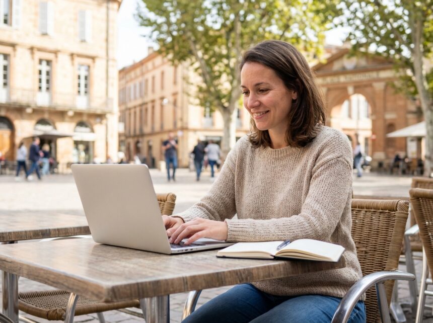 Jeune femme souriante au café de Montauban