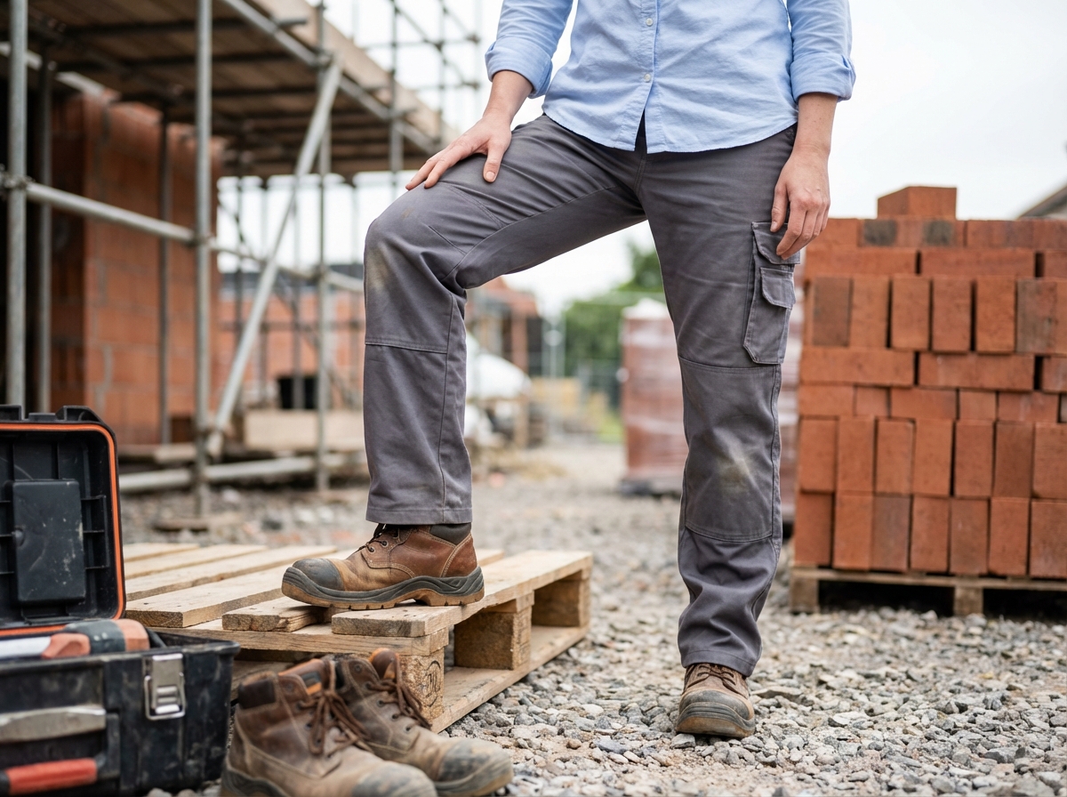 Jeune femme posant un pied sur une palette avec chaussures de sécurité