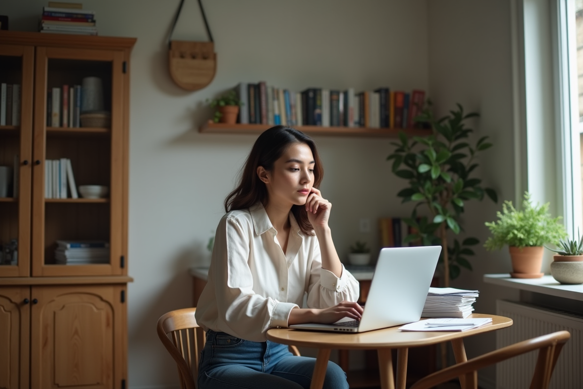 Jeune femme au domicile travaillant sur son ordinateur