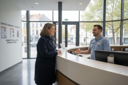 Femme discutant avec agent municipal à Bruxelles