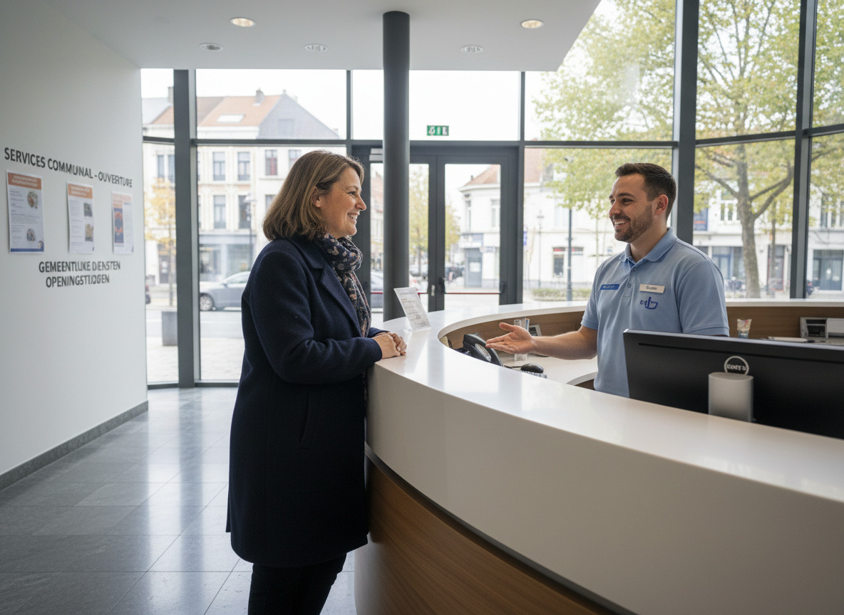 Femme discutant avec agent municipal à Bruxelles