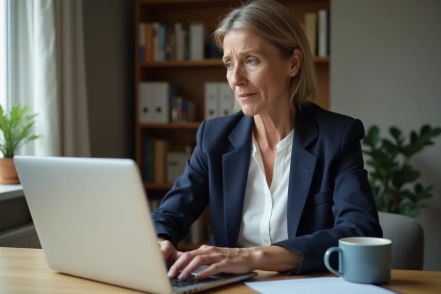 Femme consultant le site de La Poste sur un ordinateur portable depuis son bureau à domicile pour accéder à ses avantages