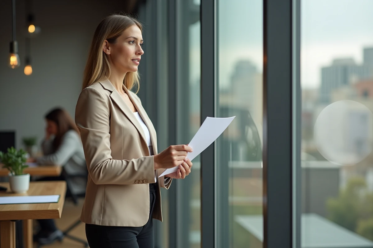 Femme lisant un contrat d'indemnisation chômage dans un espace de coworking, comparant les dispositifs ASP et CSP