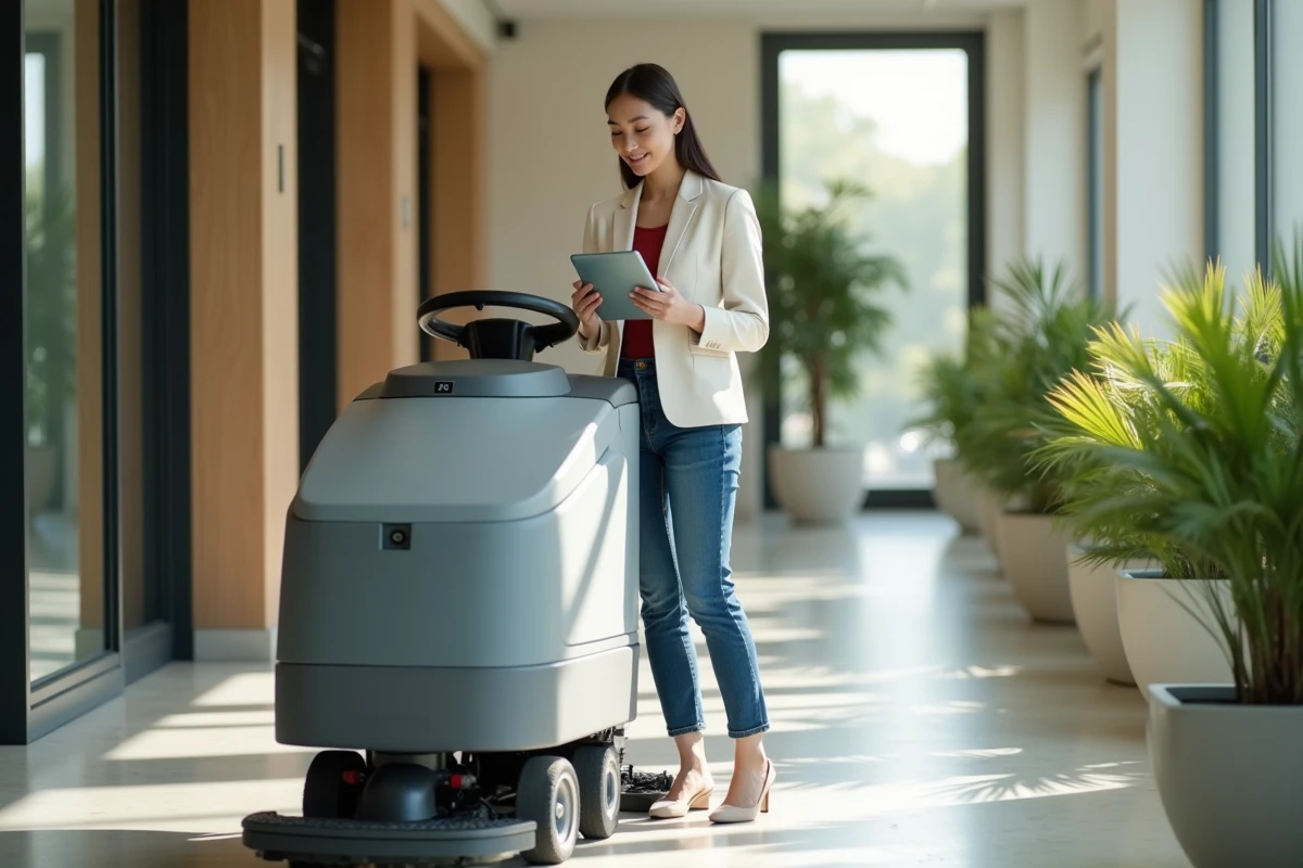 Jeune femme en tenue décontractée vérifiant une machine de nettoyage