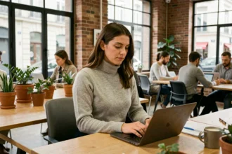 Femme travaillant dans un espace de coworking moderne à Croix avec un laptop sur un bureau en bois partagé