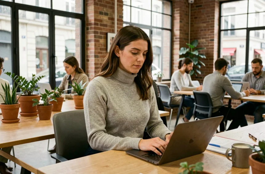 Femme travaillant dans un espace de coworking moderne à Croix avec un laptop sur un bureau en bois partagé