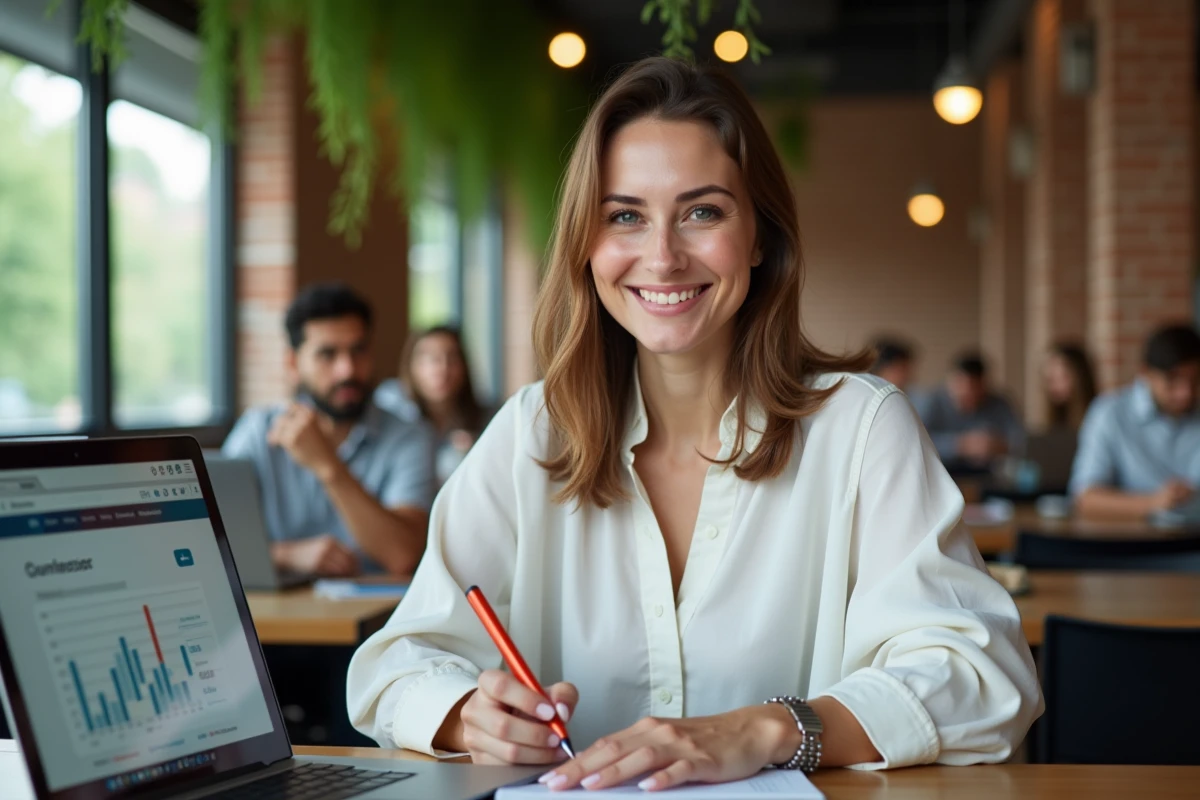 Femme professionnelle prenant des notes sur une stratégie d'investissement et de diversification de revenus dans un espace de coworking