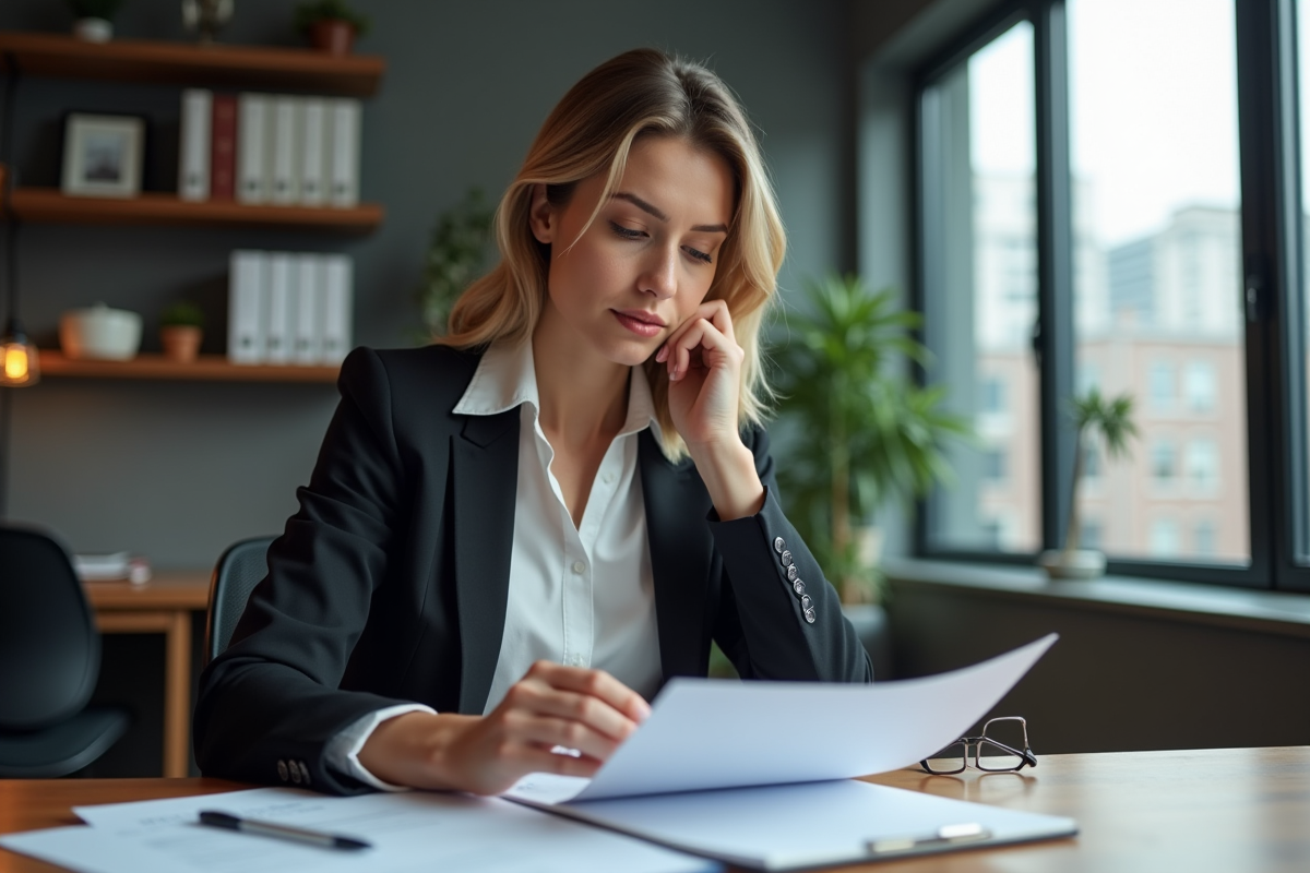 Femme d'affaires lisant des documents dans un bureau moderne