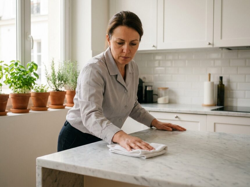 Femme de ménage professionnelle nettoyant un plan de travail en marbre dans une cuisine moderne parisienne
