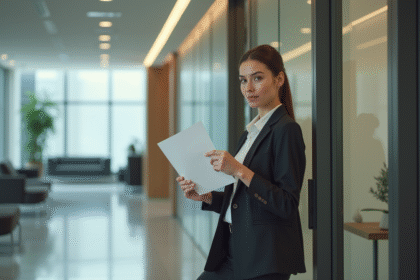 Femme d affaires tenant une lettre de demission dans un hall moderne