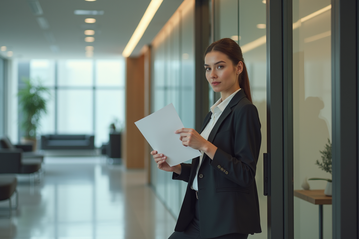 Femme d affaires tenant une lettre de demission dans un hall moderne