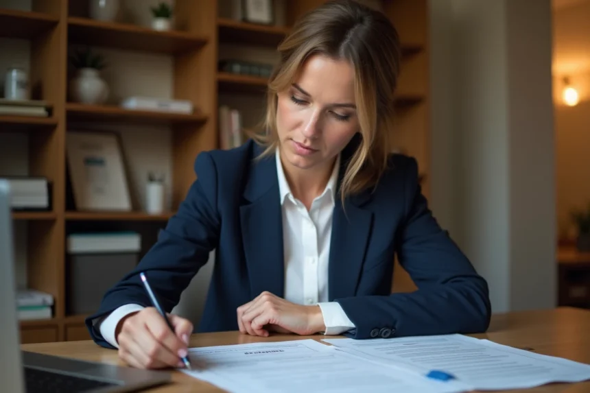 Femme consultant des documents administratifs liés à l'indemnisation chômage ASP et CSP à son bureau à domicile