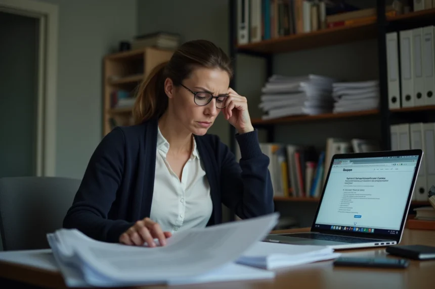 Femme stressée examinant des documents administratifs liés à une radiation Pôle emploi à son bureau à domicile