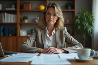 Femme cadre consultant son dossier de chômage après une faute grave au travail