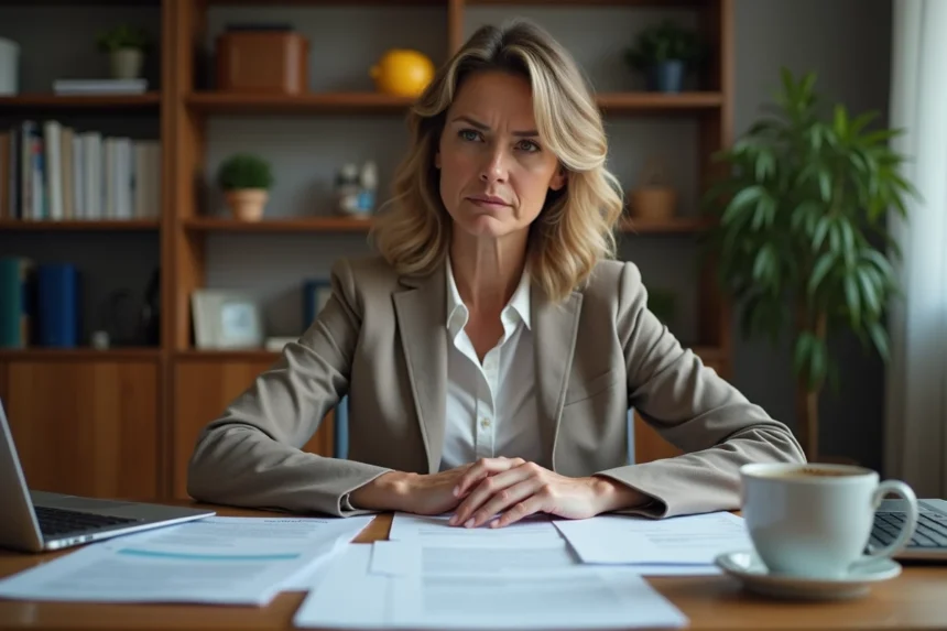 Femme cadre consultant son dossier de chômage après une faute grave au travail